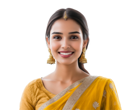 A radiant Indian woman in a traditional yellow sari, showcasing beauty and culture. , isolated on white background PNG