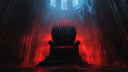 Dark throne in a gothic cathedral, red fog, dramatic lighting.
