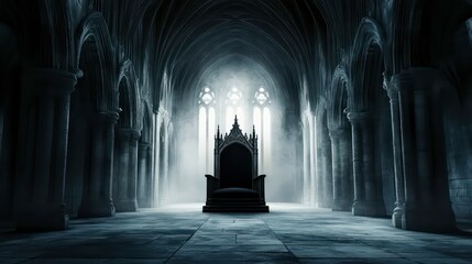 Dark throne in a gothic cathedral hall.