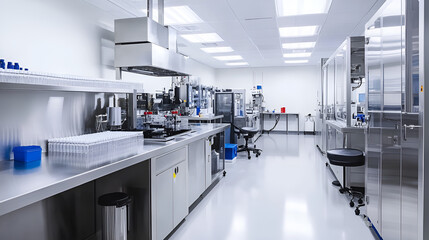 Modern Sterile Pharmaceutical Laboratory Clean Room Interior with Stainless Steel Equipment and High-Tech Machinery for Medical Research and          