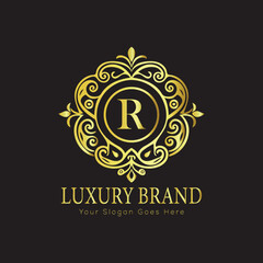 Letter Luxury brand logo design with a royal gold crown emblem and elegant typography
