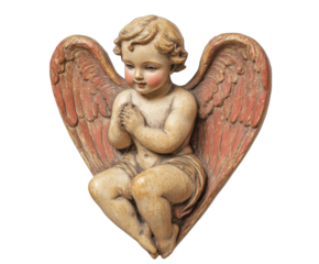 A Devotional Cherubic Angel Sculpture, Exquisitely Carved in Wood , isolated on white background PNG