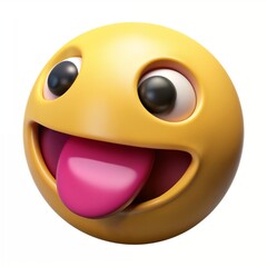 A vibrant 3D rendered yellow emoji with large glossy eyes, a wide open mouth, and a pink tongue sticking out, featuring smooth textures and lively design.