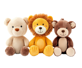 Adorable Plush Toys: Teddy Bear, Lion, and Bear Trio , isolated on white background PNG