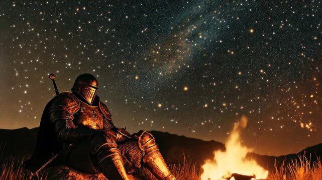 Armored knight resting by a fire under a brilliant starry sky in a tranquil landscape, Armored knight sitting by a fire under a starry sky, contemplating the night Fantasy setting concept