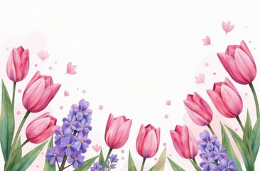 Frame made with beautiful spring tulips, daisies, lilac on pink background, top view. Space for text