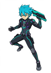 Fototapeta premium Futuristic Anime Boy Action Pose Cyborg Sci Fi Character Illustration Teal and Black Suit