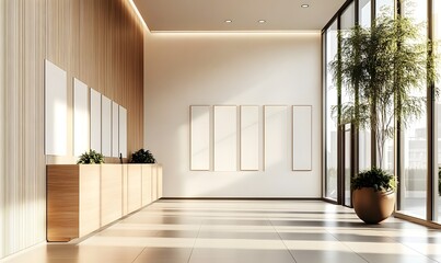 Interior of modern hotel lobby with white and wooden walls, tiled floor, wooden reception counter and vertical mock up posters. Generative AI