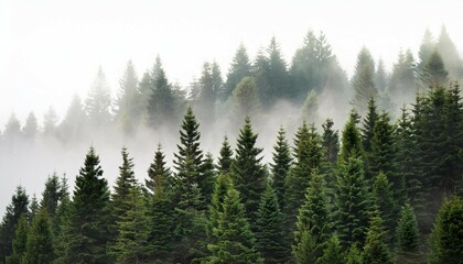 misty coniferous forest on a white background