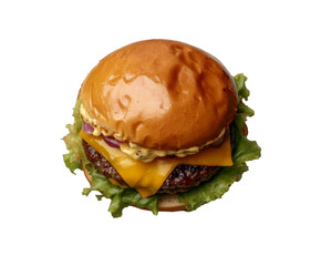 A mouthwatering cheeseburger, perfect for a satisfying meal.  A delectable culinary creation, bursting with flavor. , isolated on white background PNG
