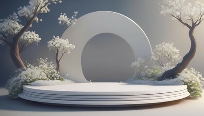 3d minimal podium trees and flowers minimalist white floral podium scene