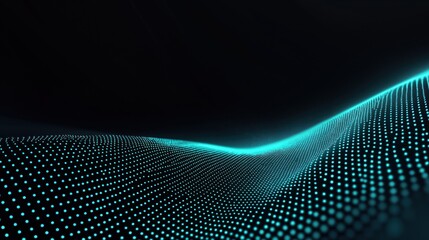 Fototapeta premium Abstract teal glowing diagonal lines on dark background. Digital artwork with futuristic design. Glowing light dots create wavy pattern. Modern design element for tech digital concept. Sleek, minimal