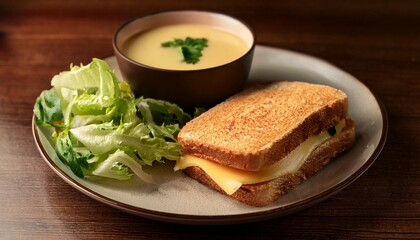 delicious sandwich with cheese and greens accompanied by a bowl of soup and salad