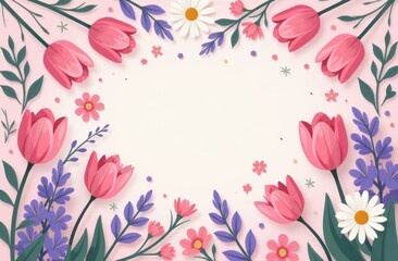 Frame made with beautiful spring tulips, daisies, lilac on pink background, top view. Space for text