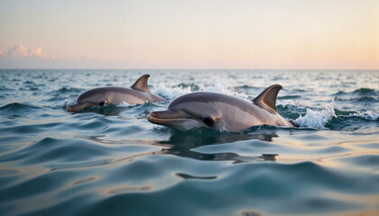 Obraz premium Dolphins swimming gracefully in open sea at dawn, nature's intelligence