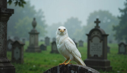 Albino crow perched on gravestone in misty cemetery, nature's beauty