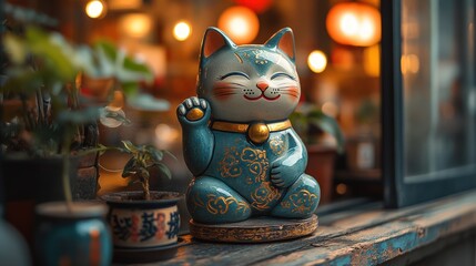Blue Maneki-neko beckoning cat figurine sits on a window sill with plants, in a warm-lit setting.