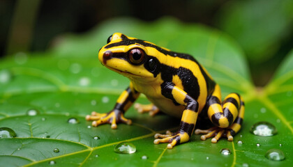 Fototapeta premium Bright yellow-banded poison dart frog resting on wet leaf, rainforest symbolism