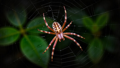 Funnel-web spider weaving web in shadowy garden corner, nature's intricacy
