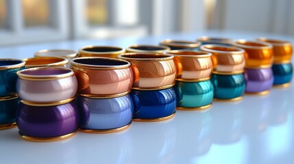 Colorful rings arranged aesthetically on a table showcasing vibrant designs and sparkling details