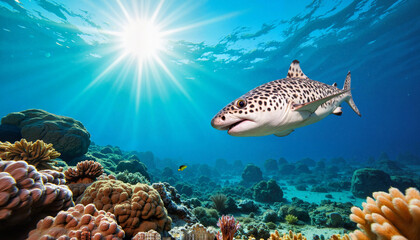 Fototapeta premium Vibrant leopard shark swimming through coral reef under sunlight, ocean beauty
