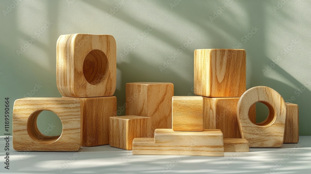 Poster wooden blocks arranged creatively on a light surface showcasing texture and shape