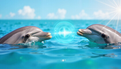 Naklejka premium Dolphins detecting sound frequencies in open ocean, aquatic intelligence