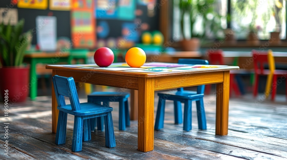 Poster playful learning environment with educational toys and colorful materials in a classroom setting