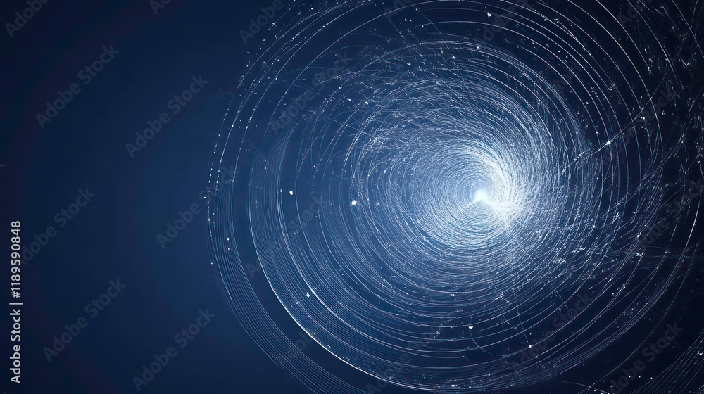 Poster abstract swirling light trails forming a vortex, futuristic digital tunnel.