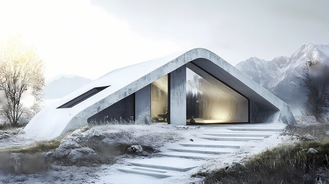 The image shows the project of the facade of a one-story house with a mansard roof. the house has a modern and restrained design with minimalistic elements. Moonshard. Illustration