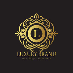 Letter Luxury brand logo design with a royal gold crown emblem and elegant typography
