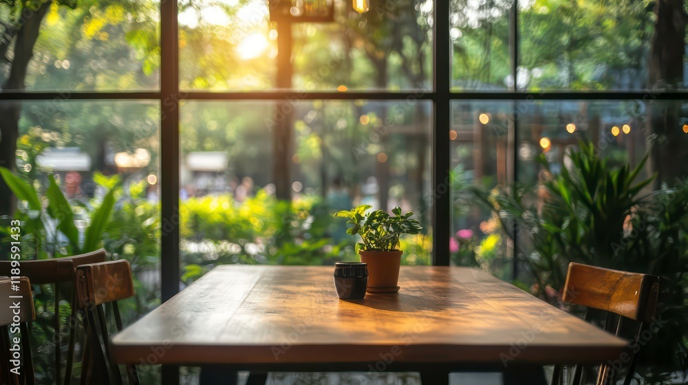 Aufkleber sunlit wooden table in a cafe with large windows overlooking a lush garden.