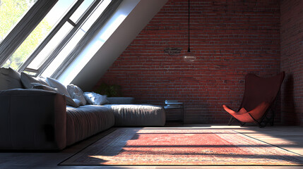 Urban contemporary modern scandinavian loft living room interior design on attic with gray and red brick wall. 3d rendering. Moonshard. Illustration