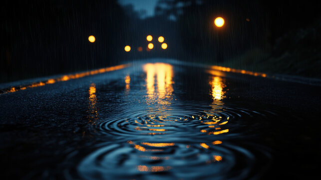 A lone, dark, and peaceful road, with raindrops falling, and streetlights reflecting water ripples 