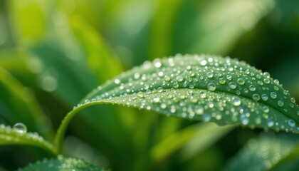Green leaf with fresh water droplets in macro view