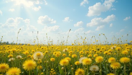 Fototapeta premium Blooming yellow dandelion field under a blue sky