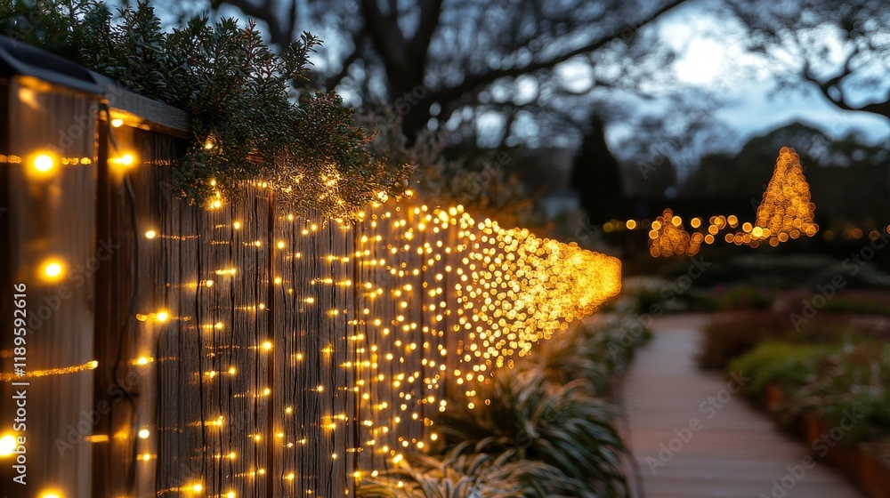 Poster decorative strings of lights illuminate a garden pathway during twilight hours
