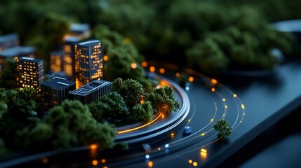 Night Cityscape: Miniature Smart City Model with Illuminated Buildings and Lush Greenery