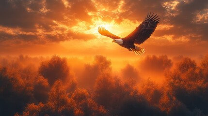 Eagle soars above forest at sunset. Could be used for nature, freedom, or patriotic themes