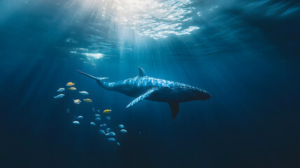 Fototapeta premium A magnificent blue whale exhibiting grace as it swims through the vibrant underwater ecosystem, accompanied by a lively entourage of colorful fish.