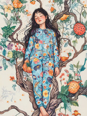 Fototapeta premium girl in colorful pajamas lies peacefully among flowers and fruits, surrounded by nature beauty. Her serene expression reflects tranquility and harmony