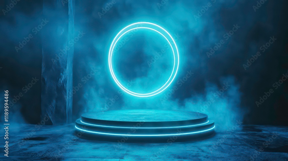 Poster Glowing neon circle on a dark platform with smoke.