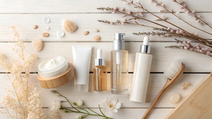 Minimalist composition of cosmetic bottles on a pristine white background. The clean lines and simple layout emphasize the sleek design and sophistication of the products.