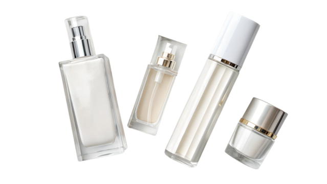 Minimalist composition of cosmetic bottles on a pristine transparent background. The clean lines and simple layout emphasize the sleek design and sophistication of the products.