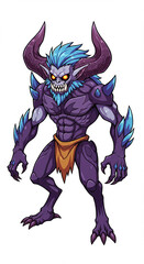 Fototapeta premium Powerful Purple Demon Monster with Horns Claws and Blue Hair Fantasy Game Character Illustration