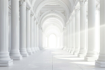 Naklejka premium bright white hall featuring elegant Roman columns, creating serene and majestic atmosphere. light streaming through enhances architectural beauty and tranquility