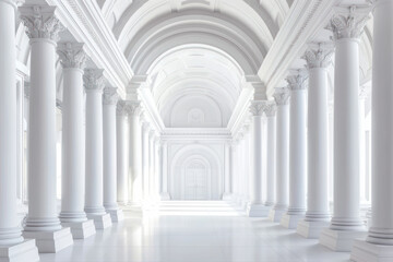 Obraz premium bright white hall featuring elegant Roman columns and arches creates serene atmosphere. architectural details enhance beauty of this spacious interior
