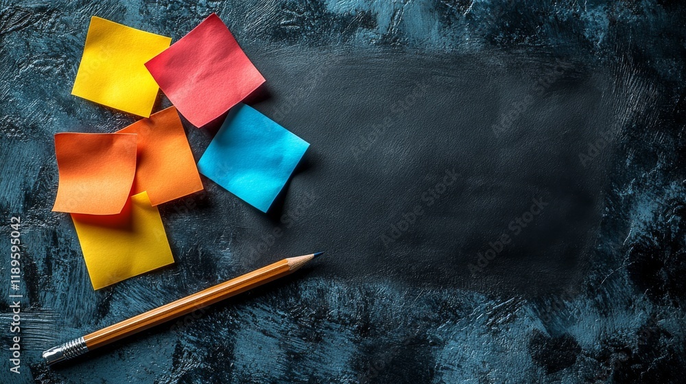 Poster blackboard with colorful sticky notes and a pencil placed on a textured background