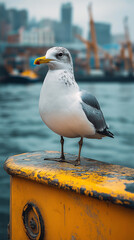 A seagull perched on the edge of an industrial building, against the backdrop of a dock and harbor of city