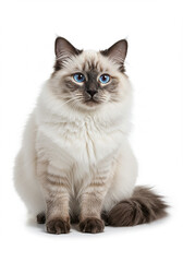 Fototapeta premium Adorable Fluffy Longhair Cat with Striking Blue Eyes Sitting Pose White Background